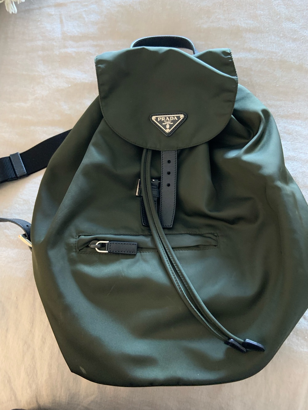 Authentic Prada nylon backpack, olive green and black leather trim.